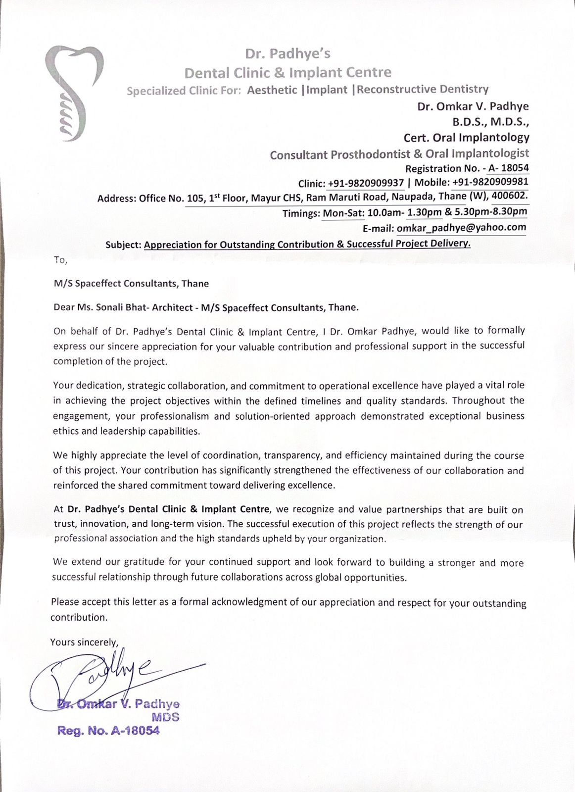 Appreciation letter from Dr. Padhye's Dental Clinic & Implant Centre